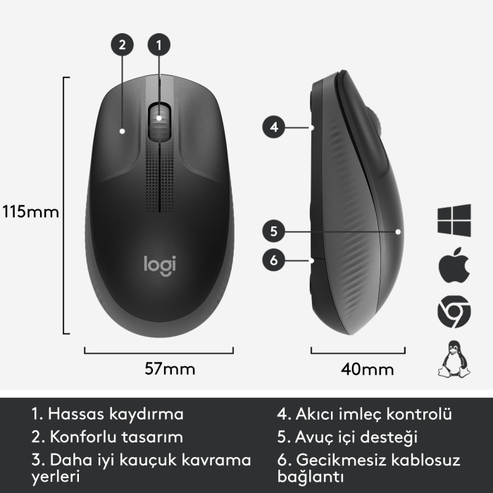 LOGITECH M190 BÜYÜK BOY KABLOSUZ SIYAH MOUSE 910-005905