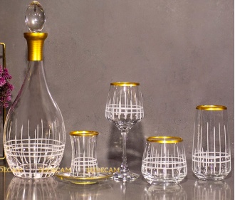 31 Parça 6 Kişilik Ekose Kristal Kesme Gold Cam Su Bardak Takımı,Meşrubat Bardağı Seti