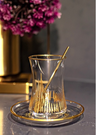 12 Parça 6 Kişilik Gold El Dekor Kesme Çay Seti