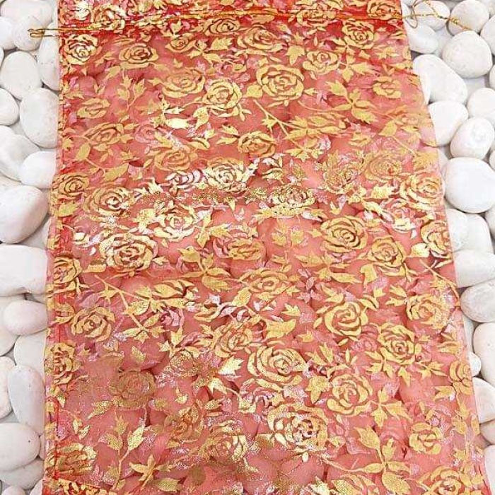 Desenli Kırmızı Renk 12*14 cm Organze Tül Kese  100 Adet