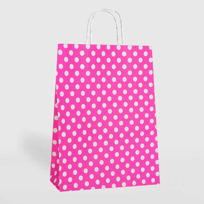 Fuşya Puantiyeli Büküm Saplı Kraft Çanta 25x31cm
