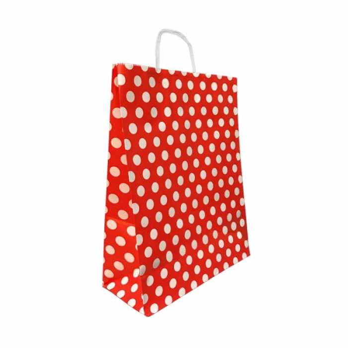 Kırmızı Puantiyeli Büküm Saplı Kraft Çanta 15x20cm
