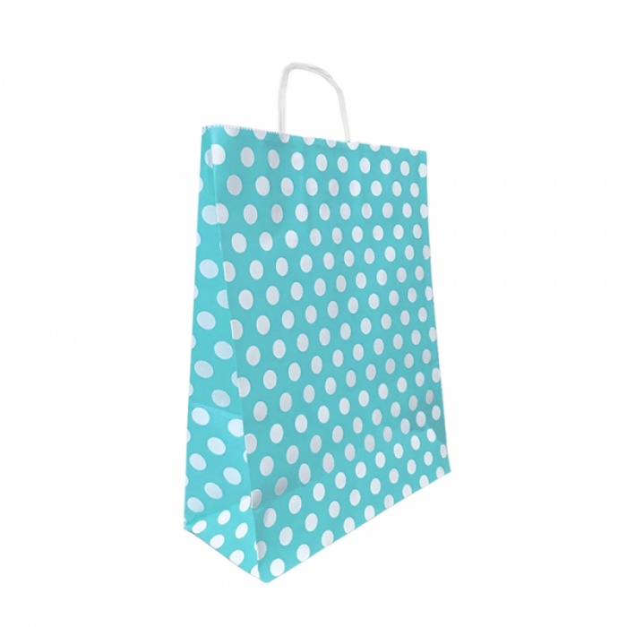 Mavi Puantiyeli Büküm Saplı Kraft Çanta 15x20cm