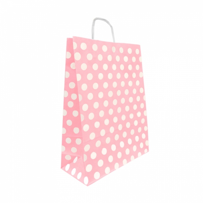 Pembe Puantiyeli Büküm Saplı Kraft Çanta 11x15cm