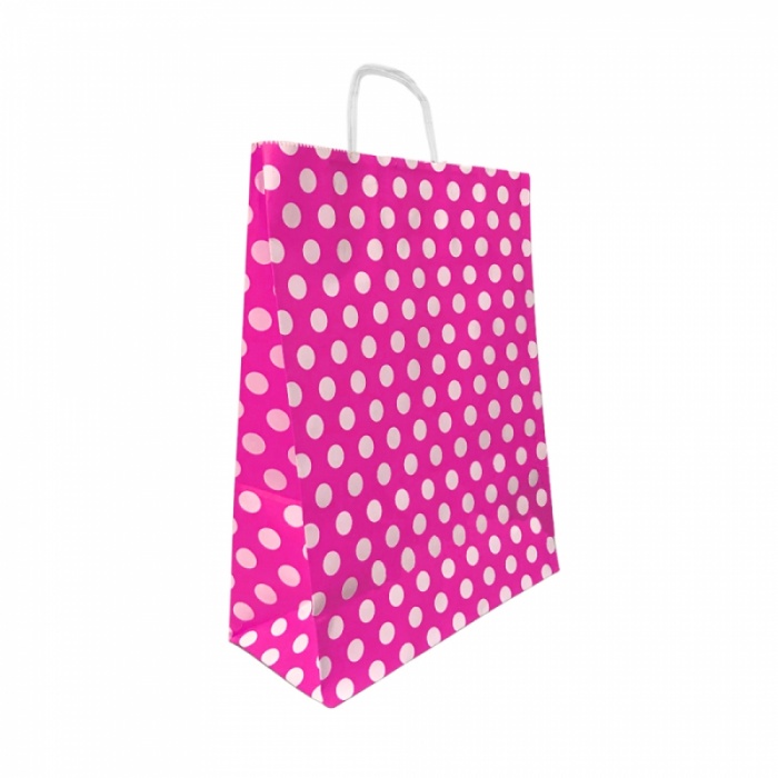Fuşya Puantiyeli Büküm Saplı Kraft Çanta 15x20cm