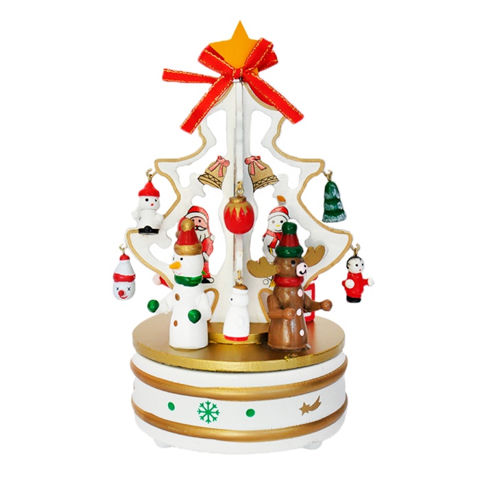 Müzikli Beyaz Yılbaşı Ağaçlı Ahşap Dekor Süs 22cm