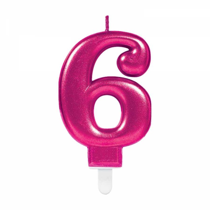 6 Rakam Fuşya Işıltılı Mum 7 cm