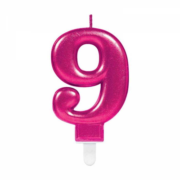 9 Rakam Fuşya Işıltılı Mum 7 cm