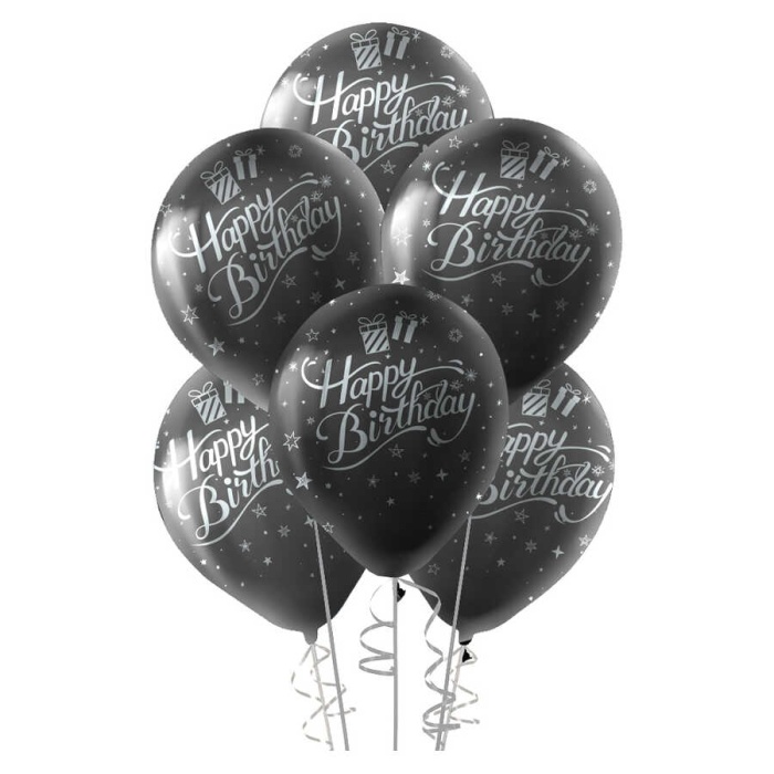 Gümüş Happy Birthday Baskılı Siyah Balon 12