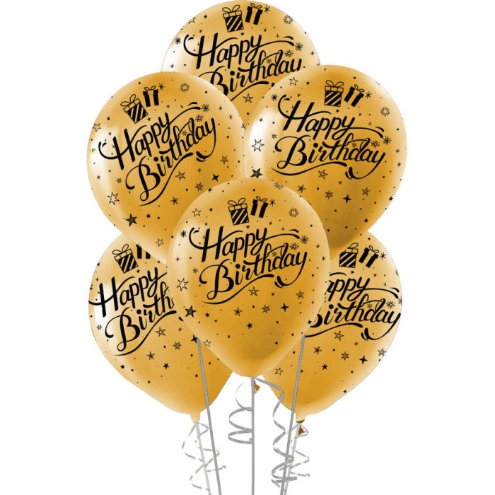 Siyah Happy Birthday Baskılı Metalik Altın Balon 12