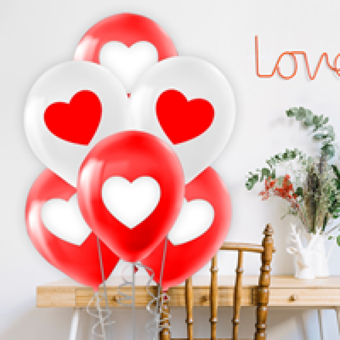 Pastel Balon Baskılı 100lü -Kırmızı Beyaz Kalp-