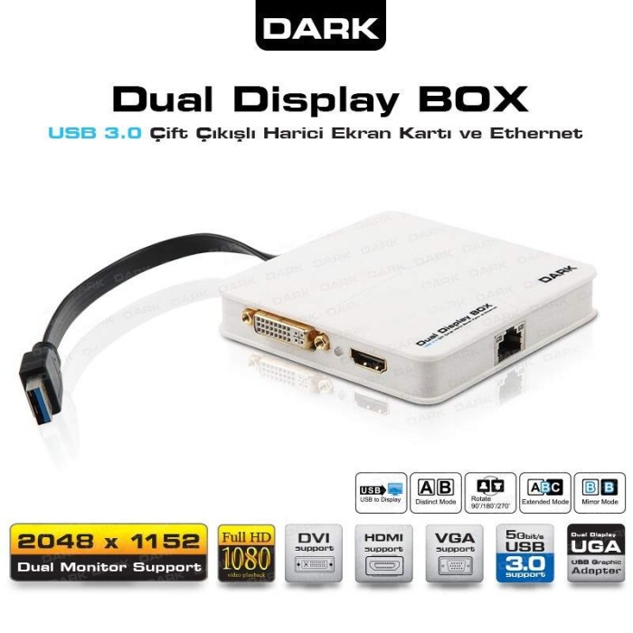Dark UGA30 Çift Çıkışlı FullHD+ USB 3.0 / 2.0 Harici Ekran Kartı (HDMI / DVI+VGA )