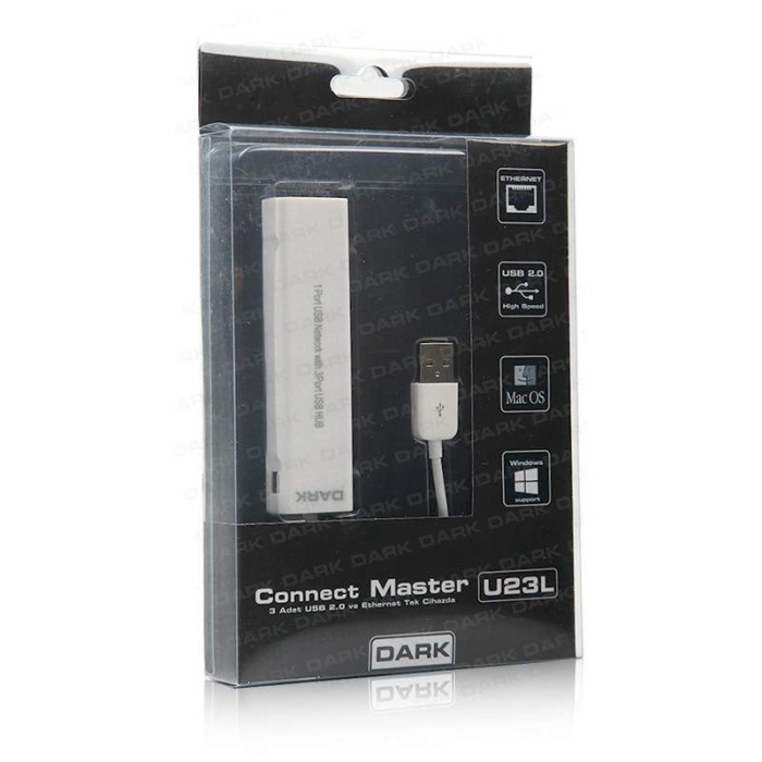 Dark Connect Master U23L Ethernet Girişli 3 Port USB 2.0 Hub