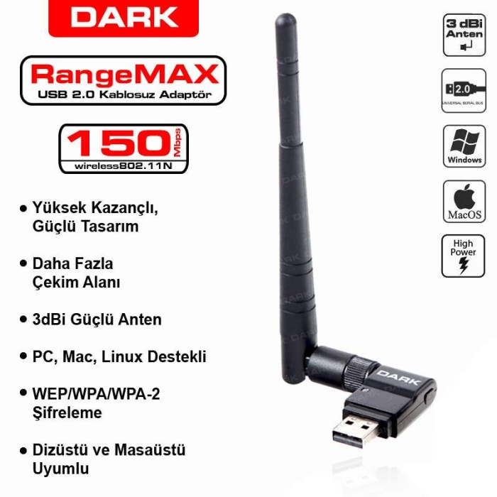Dark WDN150A3 150Mbps 802.11n, 3dBi Antenli Kablosuz Ağ Adaptörü