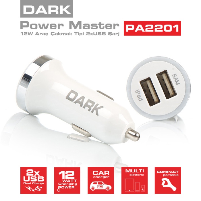 Dark Power Master 5V / 2.4A 2xUSB Hızlı Şarj Destekli Araç Çakmak Şarj Adaptörü (Beyaz)