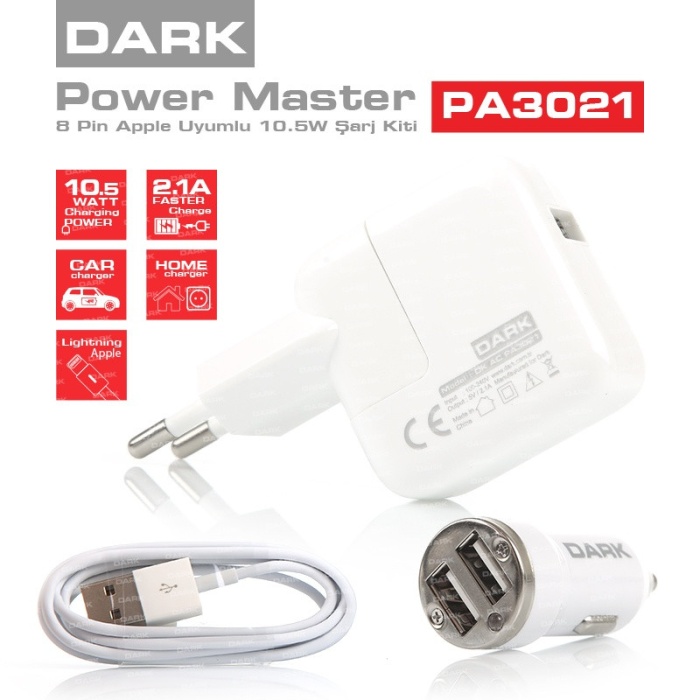 Dark Power Master Apple Lightning Kablolu 5V/2.1A Ev-Araç Şarj Cihazı Kiti