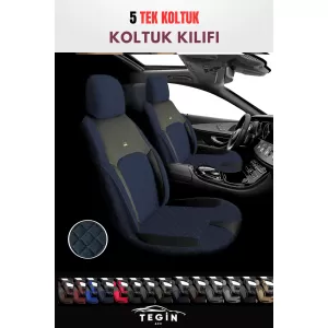 Efes Konfor Serisi Baklava Desenli Kumaş Deri Detay Koltuk Kılıfı Takımı 5 Tek Koltuk Lacivert