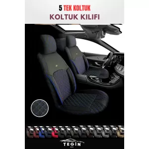 Efes Konfor Serisi Baklava Desenli Kumaş Deri Detay Koltuk Kılıfı Takımı 5 Tek Koltuk Siyah Mavi