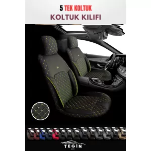 Efes Konfor Serisi Baklava Desenli Kumaş Deri Detay Koltuk Kılıfı Takımı 5 Tek Koltuk Siyah Sarı