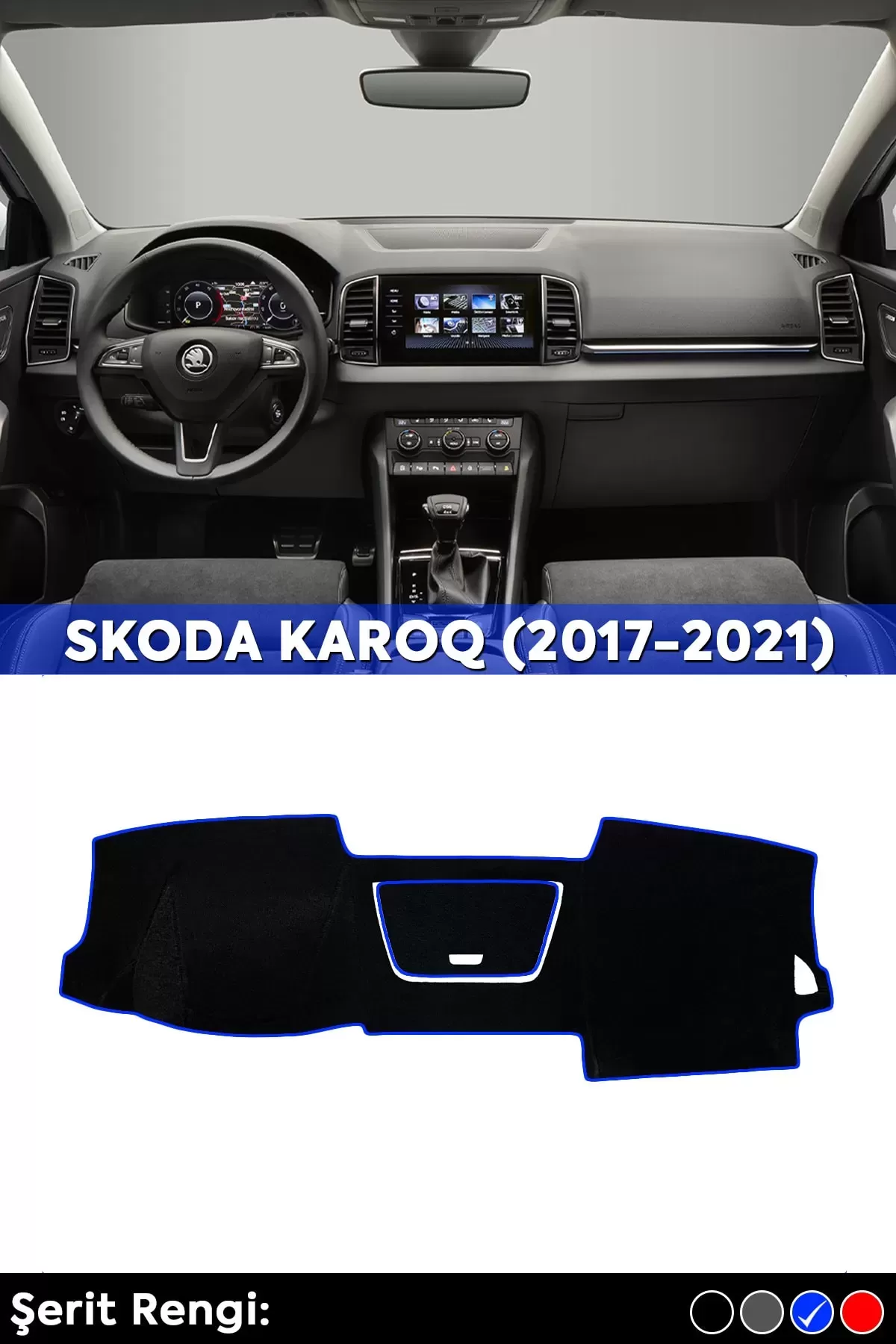 Skoda Karoq (2017-2021) 3d Torpido Koruma Kılıfı - Ön Göğüs Kaplama - Mavi Şerit