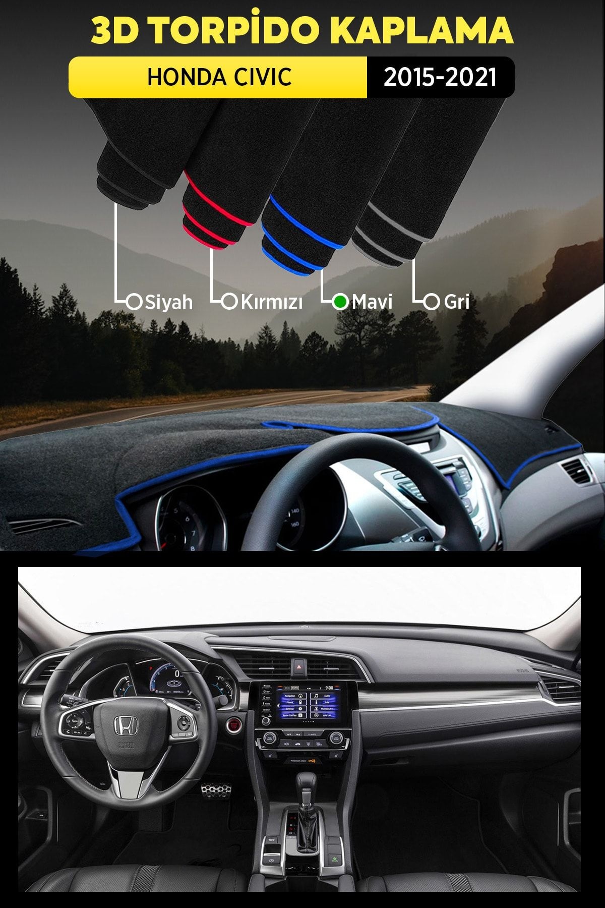 Honda Cıvıc (2015-2021) 3d Torpido Koruma Kılıfı - Ön Göğüs Panel Kaplama - Mavi Şerit
