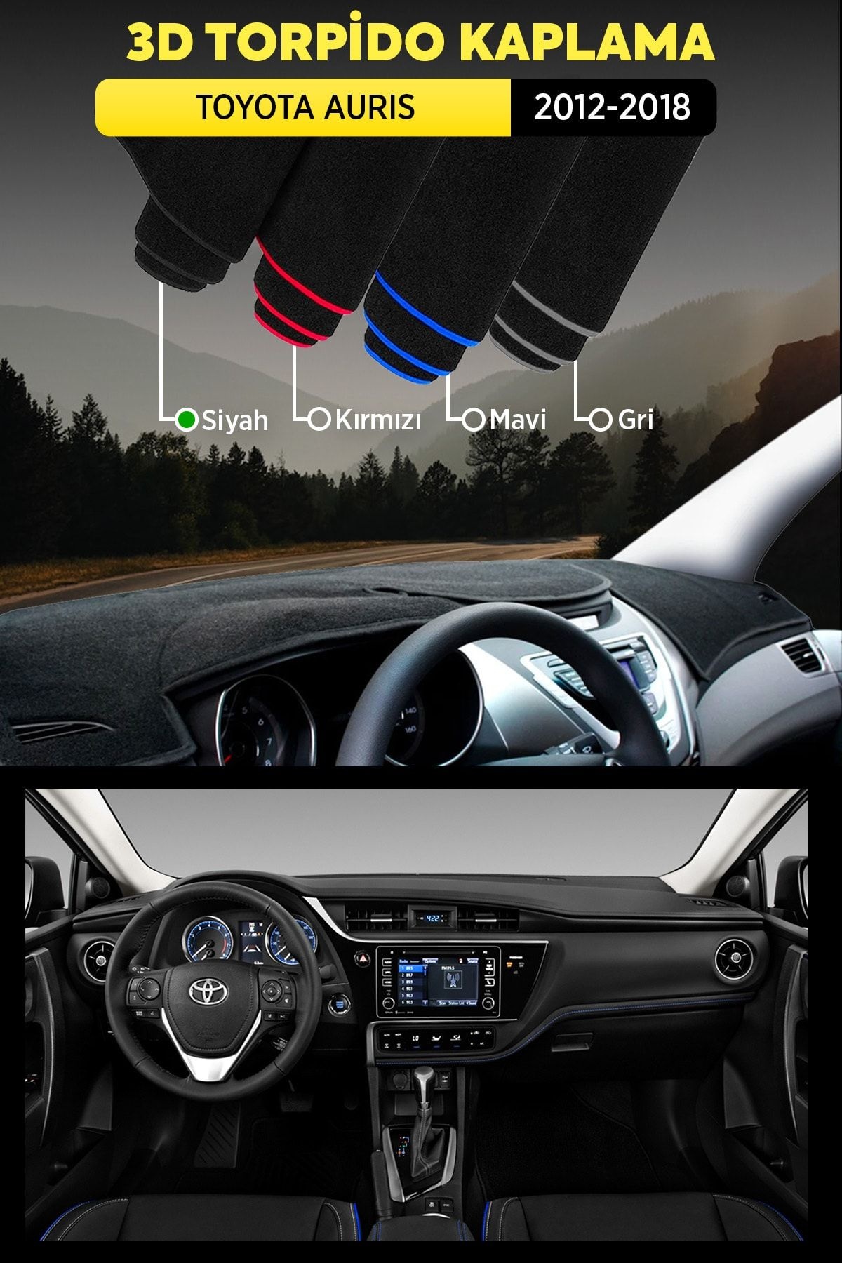 Toyota Aurıs (2012-2018) 3d Torpido Kılıfı Panel Koruyucu Göğüs Kaplama - Mavi Şerit