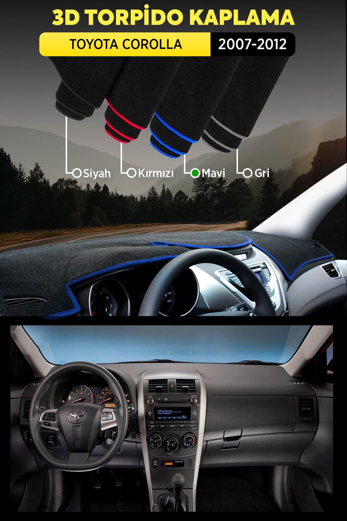 Toyota Corolla (2007-2012) 3d Torpido Kılıfı Panel Koruyucu Göğüs Kaplama - Mavi Şerit