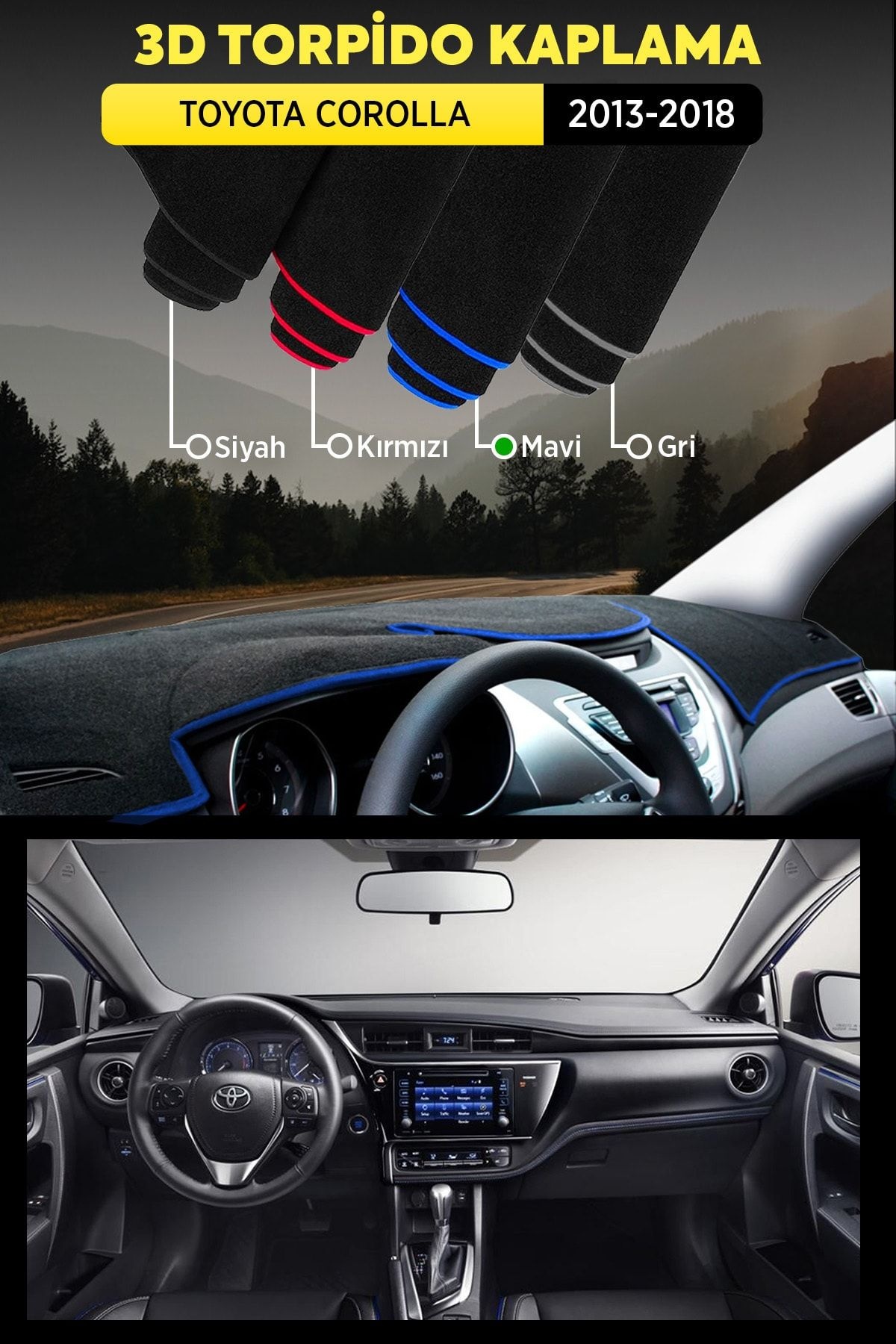 Toyota Corolla (2013-2018) 3d Torpido Kılıfı Panel Koruyucu Göğüs Kaplama - Mavi Şerit
