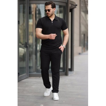 Erkek Kısa Kollu önden Fermuarlı Janjan Krep Tişört Ve Pantolon Ikili Takım