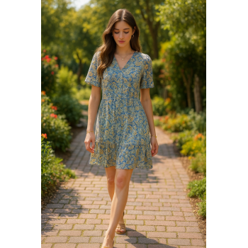 Yeşil Desenli Saten Elbise