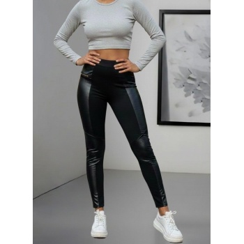 Kadın Yüksek Bel Yan şerit Deri Detay Fermuarlı Dalgıç Tayt