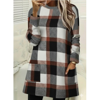 Kadın Uzun Kollu Yarı Balıkçı Yakalı Cep Detaylı Ekoseli Dokuma Tunik