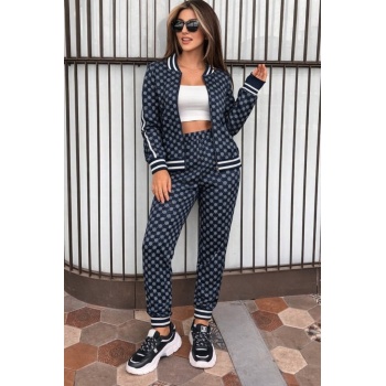 Kadın Uzun Kollu önden Fermuarlı Desenli Iki Iplik Bluz Ve Pantolon Ikili Takım