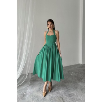 Yeşil Boyundan Bağlamalı Keten Elbise