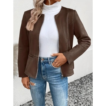 Kadın Uzun Kollu Yuvarlak Yaka önden Fermuarlı Süet Ceket