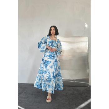 Mavi Arkası Gipeli Uzun Elbise