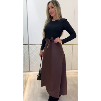 Kadın Belden Kuşaklı Uzun Deri Etek