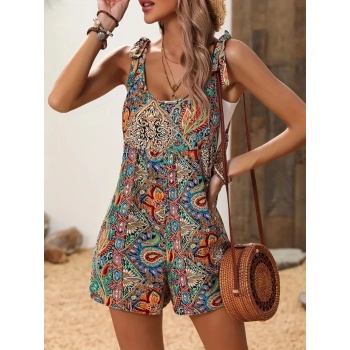 Kadın Omuzlardan Askılı Desenli Geniş Paçalı Süprem Tulum