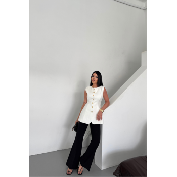 KETEN YELEK BELDEN OTURTMALISIRALI DÜĞME DETAYLI - Beyaz