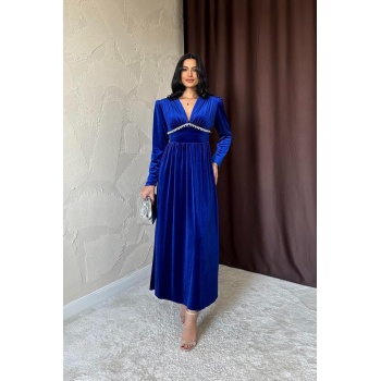 Saks Göğüs Altı Taşlı Elbise