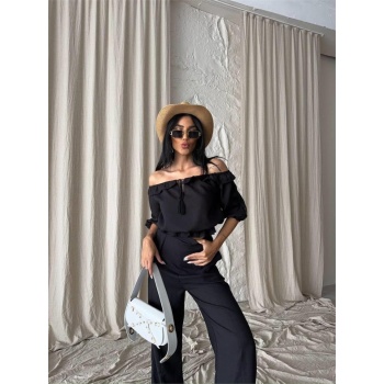 KETEN MADONNA YAKA KOL HASIR ŞERİT - PANTOLON TAKIM - Siyah