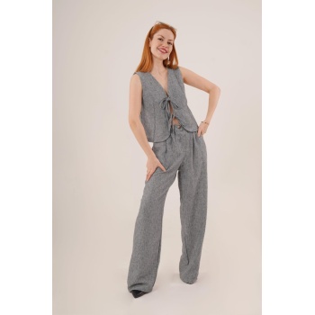 Ön Bağlama Detaylı Yelek Ve Pantolon Antrasit İkili Takım