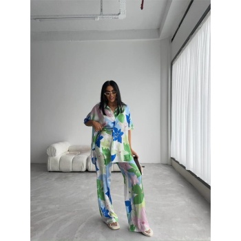 YEŞİL BÜYÜK ÇİÇEK DESEN SATEN GÖMLEK-PANTOLON TAKIM - Yeşil