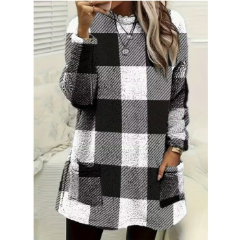 Kadın Uzun Kollu Yarı Balıkçı Yakalı Cep Detaylı Ekoseli Dokuma Tunik