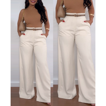 Kadın Yüksek Bel Geniş Paça Detaylı Cepli Ithal Krep Pantolon