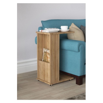 Raflı C Yan Sehpa Koltuk Yanı Tekerlekli Sehpa Çok Amaçlı