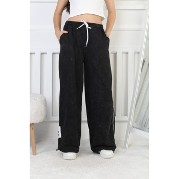 İki İplik Yıkamalı Dik Çizgili Baskılı Kız Çocuk Eşofman Altı