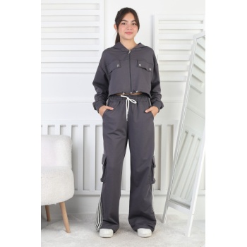 İki İplik Kargo Cepli Croplu Kız Çocuk Takım