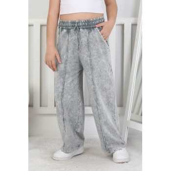 İki İplik Önü Çizgi Detaylı Yıkamalı Kız Çocuk Eşofman Altı