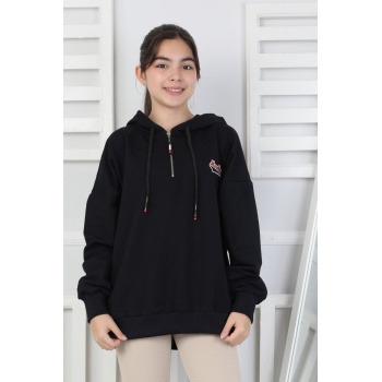 Baskılı Fermuarlı Kapüşonlu Kız Çocuk Sweatshirt